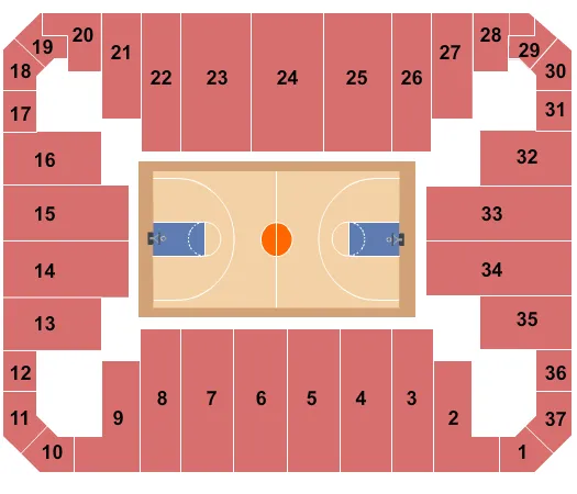 Basketball Seating Chart at Stuart C. Siegel Center. The chart shows the main floor/stage with seating options surrounding it, which are color coded