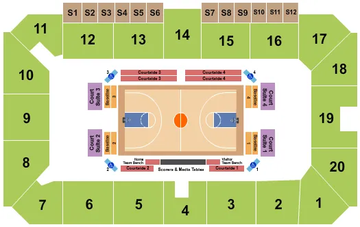 Basketball 2019-20 Seating Chart at Sudbury Arena. The chart shows the main floor/stage with seating options surrounding it, which are color coded