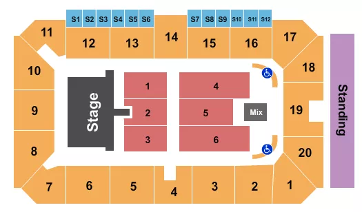 Bryan Adams Seating Chart at Sudbury Arena. The chart shows the main floor/stage with seating options surrounding it, which are color coded