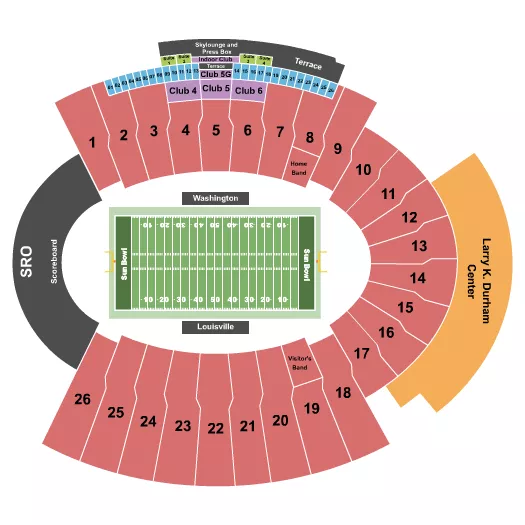 Football - Sun Bowl Seating Chart at Sun Bowl Stadium. The chart shows the main floor/stage with seating options surrounding it, which are color coded