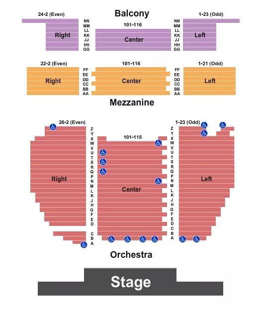 Endstage - No Pit Seating Chart at Sunrise Theatre. The chart shows the main floor/stage with seating options surrounding it, which are color coded