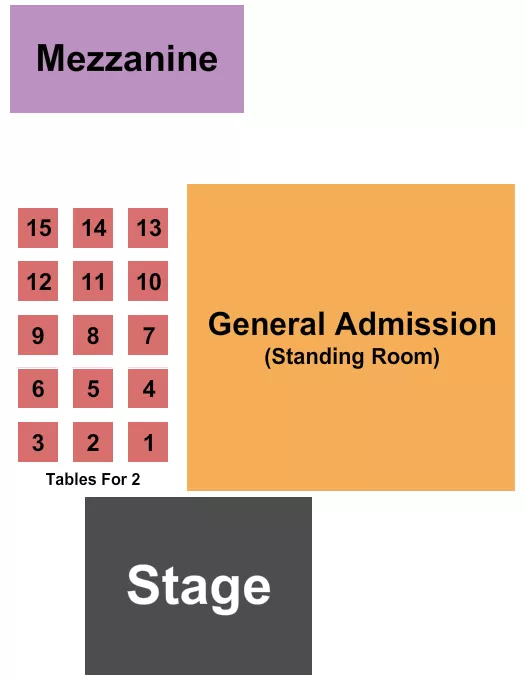GA/Mezz/Table 2 Seating Chart at Sunshine Studios. The chart shows the main floor/stage with seating options surrounding it, which are color coded