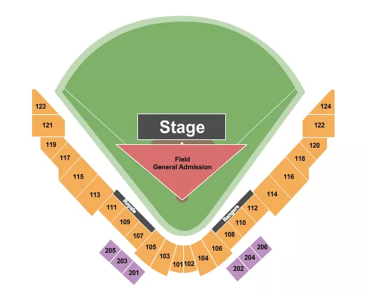Endstage GA Seating Chart at Surprise Stadium. The chart shows the main floor/stage with seating options surrounding it, which are color coded