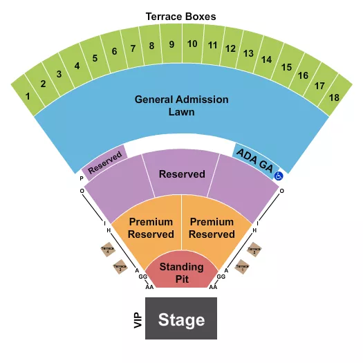 Endstage Pit 2 Seating Chart at Sweetland Amphitheatre at Boyd Park. The chart shows the main floor/stage with seating options surrounding it, which are color coded