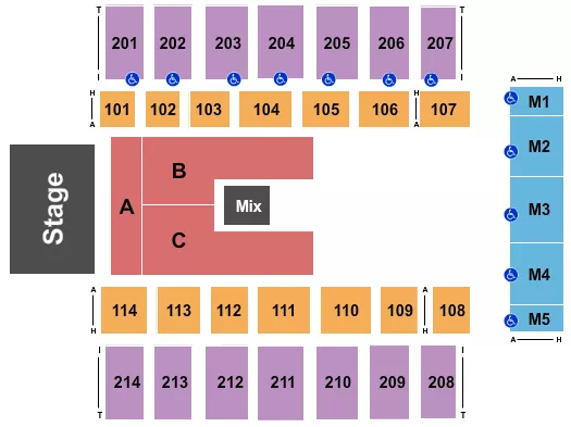 Endstage 5 Seating Chart at Dacotah Bank Center. The chart shows the main floor/stage with seating options surrounding it, which are color coded