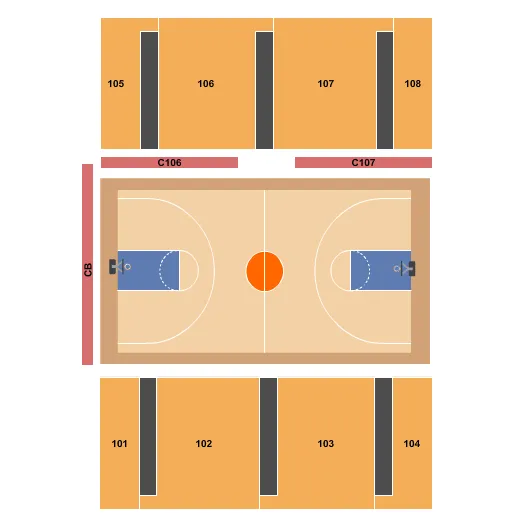 Basketball Seating Chart at Swinney Recreation Center. The chart shows the main floor/stage with seating options surrounding it, which are color coded