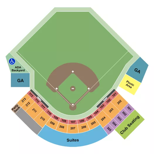 Baseball Seating Chart at Synovus Park. The chart shows the main floor/stage with seating options surrounding it, which are color coded