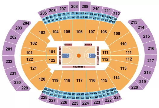 Basketball - WNBA Seating Chart at T-Mobile Center. The chart shows the main floor/stage with seating options surrounding it, which are color coded