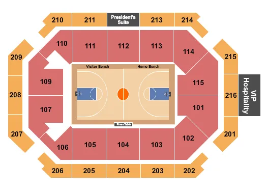 Basketball 2019-20 Seating Chart at TD Arena. The chart shows the main floor/stage with seating options surrounding it, which are color coded