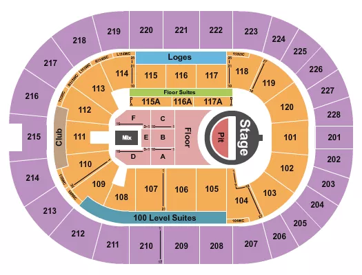 5 Seconds of Summer Seating Chart at TD Coliseum. The chart shows the main floor/stage with seating options surrounding it, which are color coded