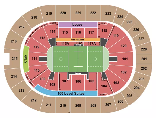 Lacrosse Seating Chart at TD Coliseum. The chart shows the main floor/stage with seating options surrounding it, which are color coded