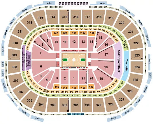 Basketball Seating Chart at TD Garden. The chart shows the main floor/stage with seating options surrounding it, which are color coded