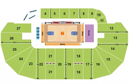 Basketball - Blackjacks Seating Chart at TD Place Arena. The chart shows the main floor/stage with seating options surrounding it, which are color coded