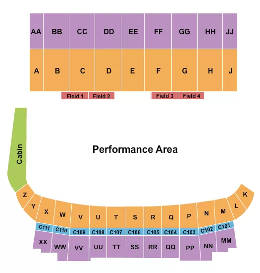 Performance Area Seating Chart at TD Place Stadium. The chart shows the main floor/stage with seating options surrounding it, which are color coded