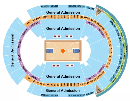 Basketball - NBA Creators Cup Seating Chart at T-Mobile Arena. The chart shows the main floor/stage with seating options surrounding it, which are color coded