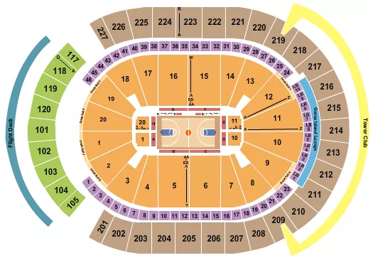 Basketball 4 Seating Chart at T-Mobile Arena. The chart shows the main floor/stage with seating options surrounding it, which are color coded