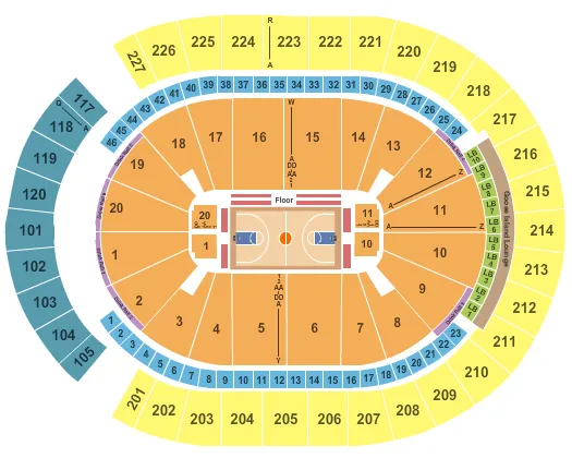 Basketball Seating Chart at T-Mobile Arena. The chart shows the main floor/stage with seating options surrounding it, which are color coded