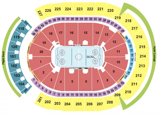 Hockey Rows Seating Chart at T-Mobile Arena. The chart shows the main floor/stage with seating options surrounding it, which are color coded