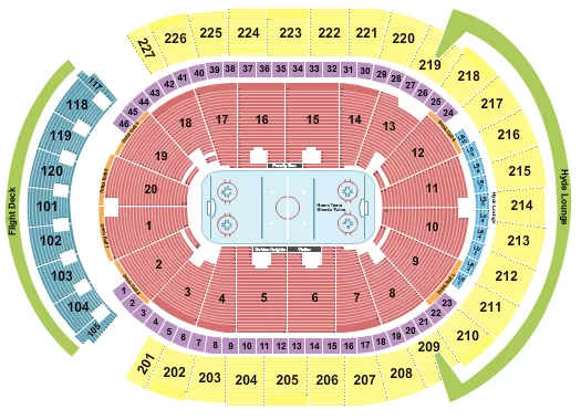 Hockey Rows Seating Chart at T-Mobile Arena. The chart shows the main floor/stage with seating options surrounding it, which are color coded