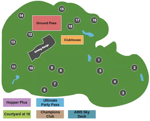 Golf Seating Chart at TPC At Deere Run. The chart shows the main floor/stage with seating options surrounding it, which are color coded