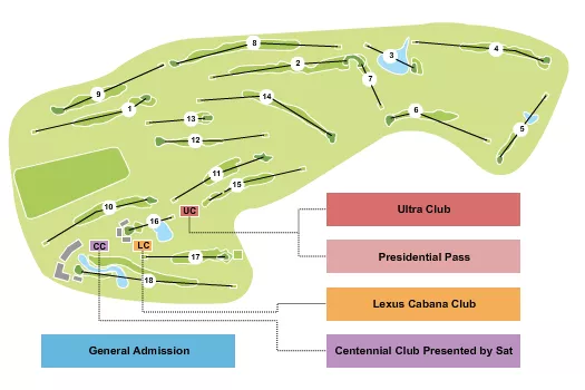 Golf Seating Chart at TPC San Antonio. The chart shows the main floor/stage with seating options surrounding it, which are color coded