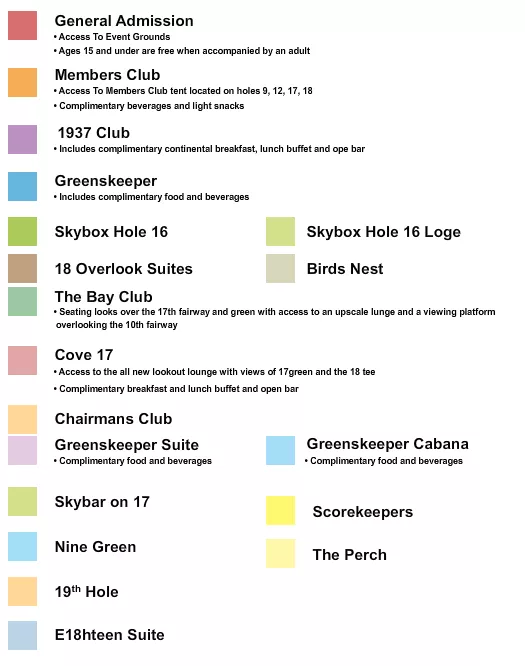 Phoenix Open Seating Chart at TPC Scottsdale. The chart shows the main floor/stage with seating options surrounding it, which are color coded