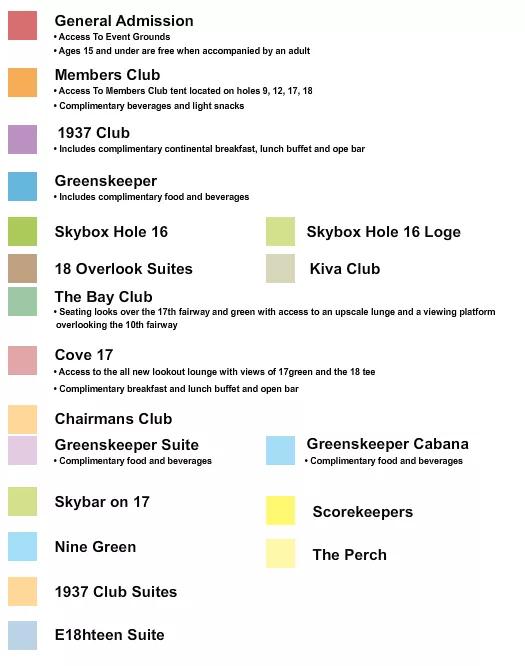 Phoenix Open Seating Chart at TPC Scottsdale. The chart shows the main floor/stage with seating options surrounding it, which are color coded