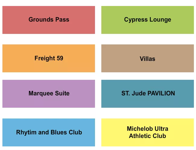 Golf 2 Seating Chart at TPC Southwind. The chart shows the main floor/stage with seating options surrounding it, which are color coded