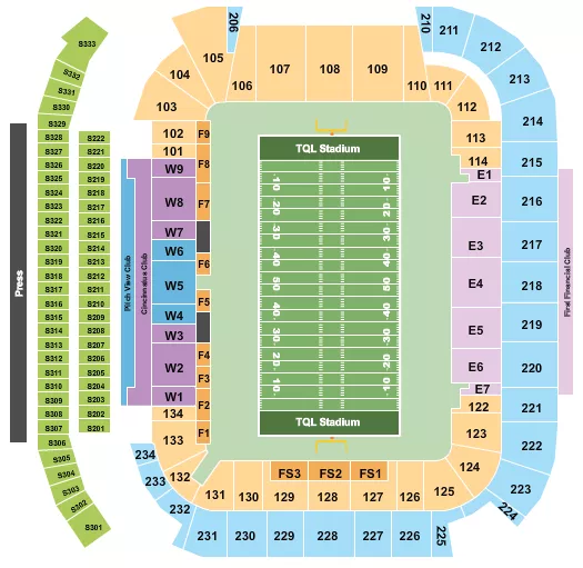 Football Seating Chart at TQL Stadium. The chart shows the main floor/stage with seating options surrounding it, which are color coded