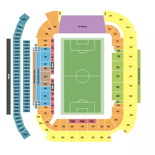 Soccer Seating Chart at TQL Stadium. The chart shows the main floor/stage with seating options surrounding it, which are color coded