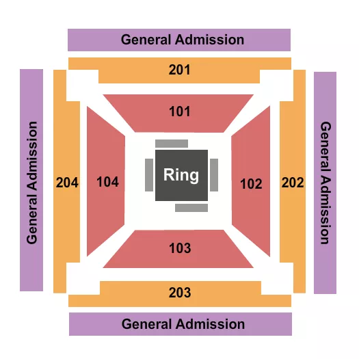 Boxing Seating Chart at Tachi Palace Hotel & Casino. The chart shows the main floor/stage with seating options surrounding it, which are color coded