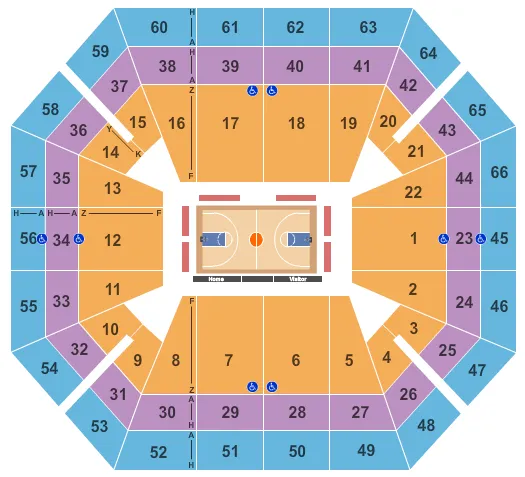 Basketball 1 Seating Chart at ExtraMile Arena. The chart shows the main floor/stage with seating options surrounding it, which are color coded