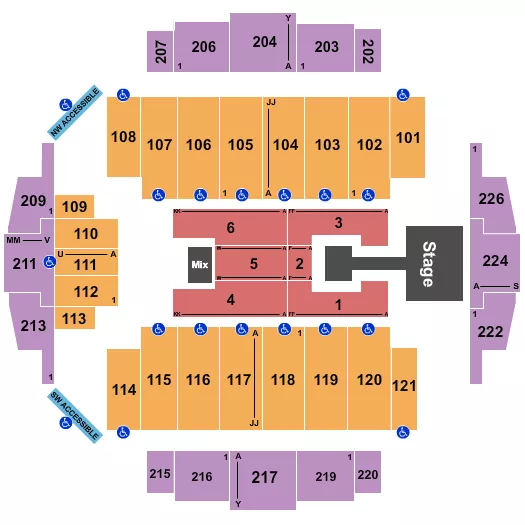 Ateez Seating Chart at Tacoma Dome. The chart shows the main floor/stage with seating options surrounding it, which are color coded
