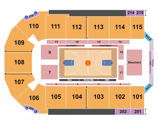 Basketball 2 Seating Chart at Tahoe Blue Event Center. The chart shows the main floor/stage with seating options surrounding it, which are color coded