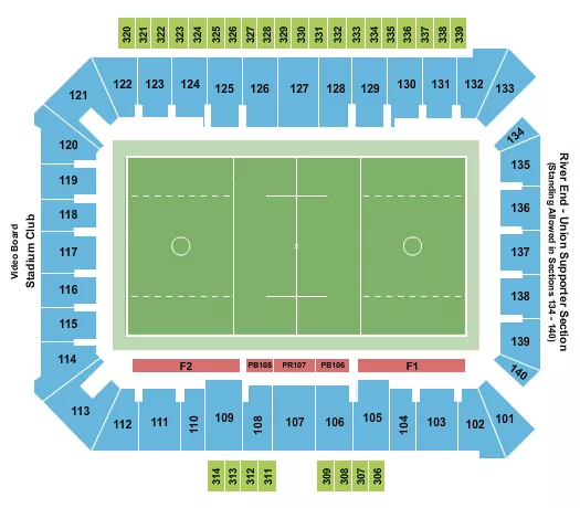 Lacrosse Seating Chart at Subaru Park. The chart shows the main floor/stage with seating options surrounding it, which are color coded