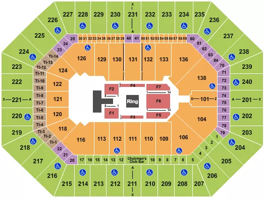 AEW Seating Chart at Target Center. The chart shows the main floor/stage with seating options surrounding it, which are color coded