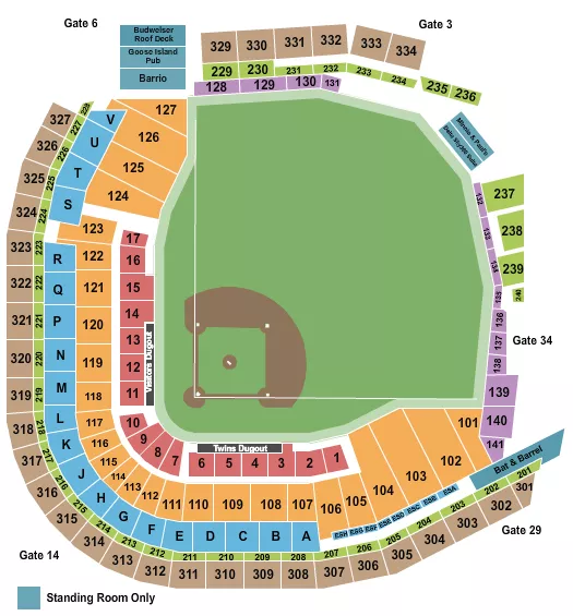 Baseball Seating Chart at Target Field. The chart shows the main floor/stage with seating options surrounding it, which are color coded