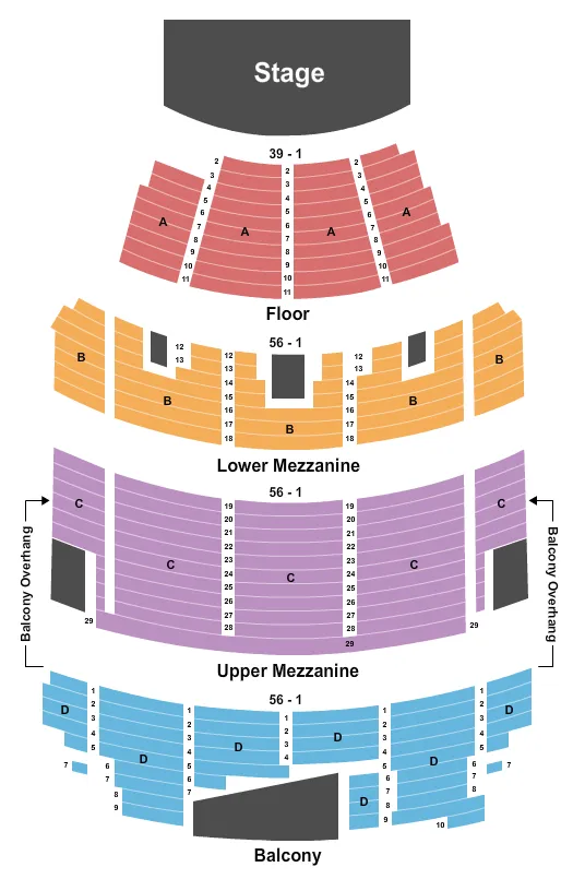 Endstage Seating Chart at Temple Theater. The chart shows the main floor/stage with seating options surrounding it, which are color coded