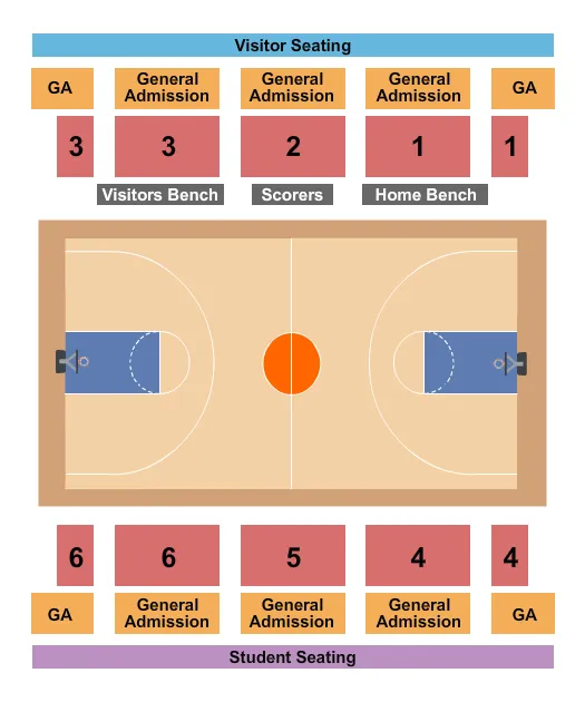 Basketball Seating Chart at Templeton Physical Education Center. The chart shows the main floor/stage with seating options surrounding it, which are color coded