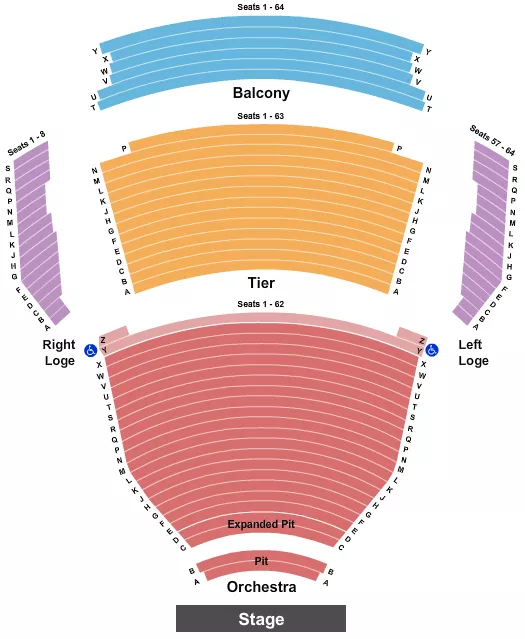 End Stage Seating Chart at TPAC Andrew Jackson Hall. The chart shows the main floor/stage with seating options surrounding it, which are color coded