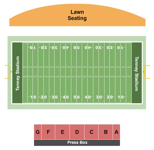 Football 2020 Seating Chart at Tenney Stadium at Leonidoff Field. The chart shows the main floor/stage with seating options surrounding it, which are color coded
