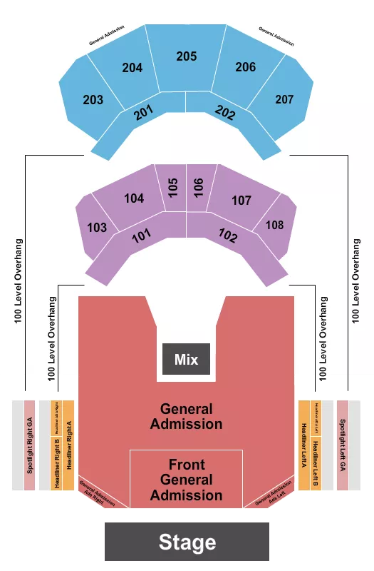 Endstage - GA Floor w/ Front GA Seating Chart at The Andrew J Brady ICON Music Center. The chart shows the main floor/stage with seating options surrounding it, which are color coded