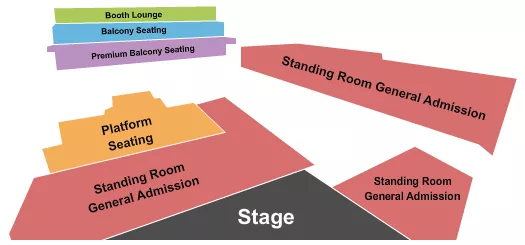 Endstage GA Seating Chart at The Ardmore Music Hall. The chart shows the main floor/stage with seating options surrounding it, which are color coded