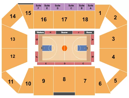 Basketball Seating Chart at Riverview Health Arena at Innovation Mile. The chart shows the main floor/stage with seating options surrounding it, which are color coded