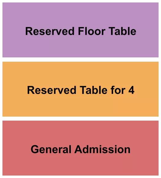 GA/Table 4/Flr T. 4 Seating Chart at The Basement East. The chart shows the main floor/stage with seating options surrounding it, which are color coded