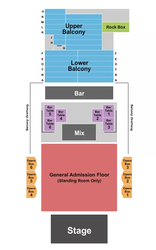 Endstage GA Floor 2 Seating Chart at The Blue Note. The chart shows the main floor/stage with seating options surrounding it, which are color coded