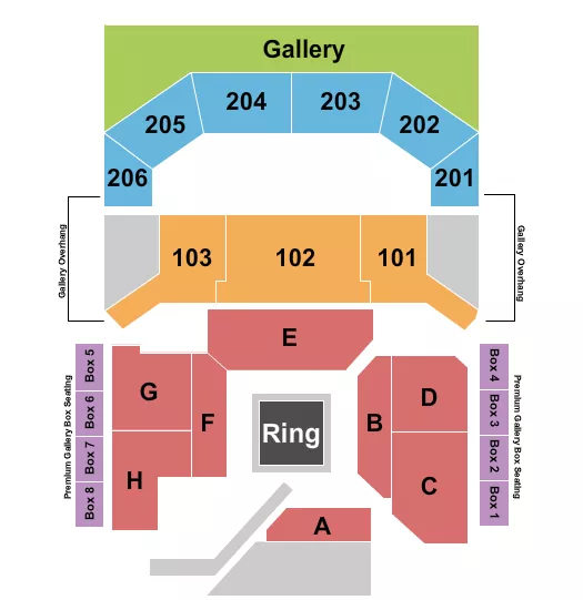 Boxing 4 Seating Chart at The Chelsea - The Cosmopolitan of Las Vegas. The chart shows the main floor/stage with seating options surrounding it, which are color coded