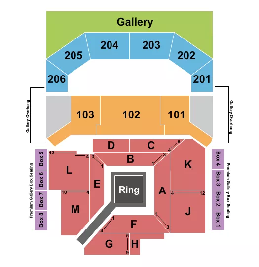 Boxing 5 Seating Chart at The Chelsea Las Vegas. The chart shows the main floor/stage with seating options surrounding it, which are color coded