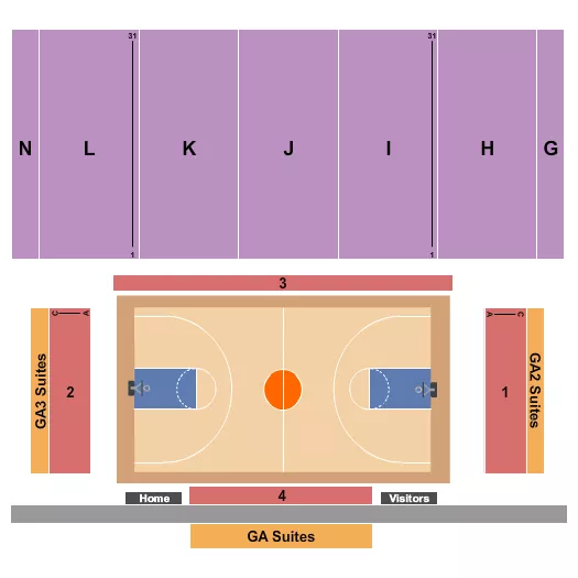 Basketball Seating Chart at The Colosseum At Caesars Windsor. The chart shows the main floor/stage with seating options surrounding it, which are color coded
