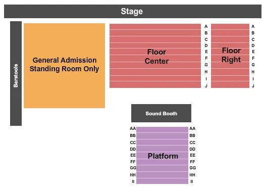 David Crosby Seating Chart at The Commonwealth Room. The chart shows the main floor/stage with seating options surrounding it, which are color coded
